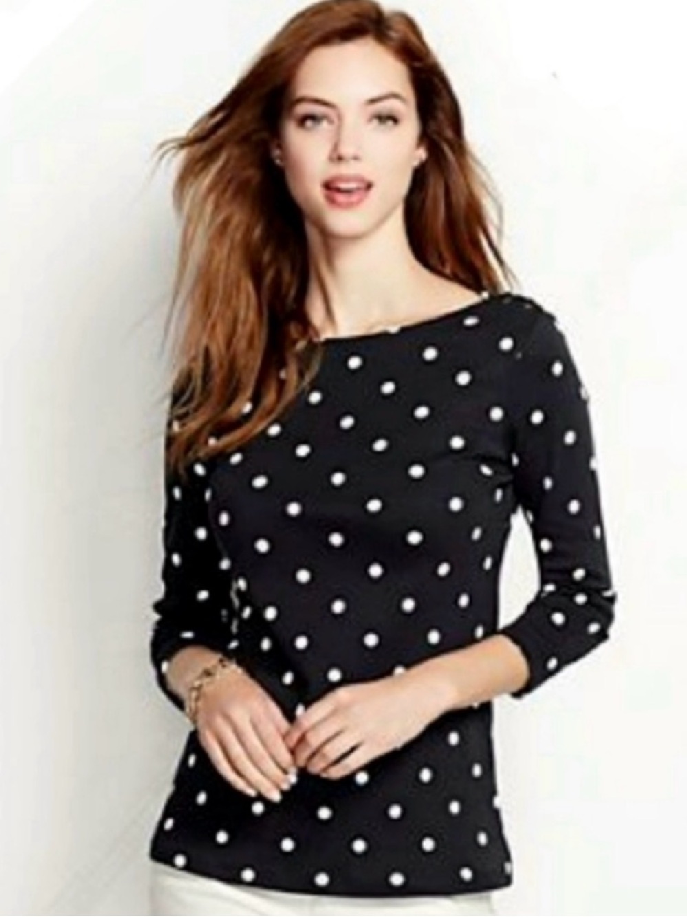 Lands' End Polka Dot 100% Cotton Boatneck
3/4 Quarter Sleeve Knit Top Sz L NWOT